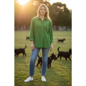 VTG The Quacker Factory Women's M Green Corduroy Black Schnauzers LS Shirt